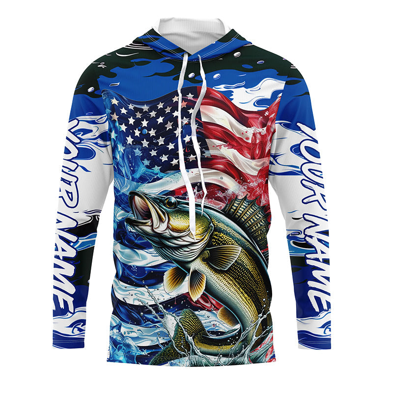 Custom American Flag Walleye Long Sleeve Fishing, Patriotic Blue Camo Walleye Fishing