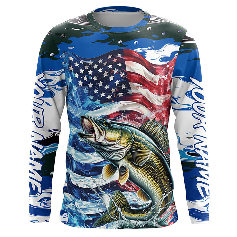Custom American Flag Walleye Long Sleeve Fishing, Patriotic Blue Camo Walleye Fishing