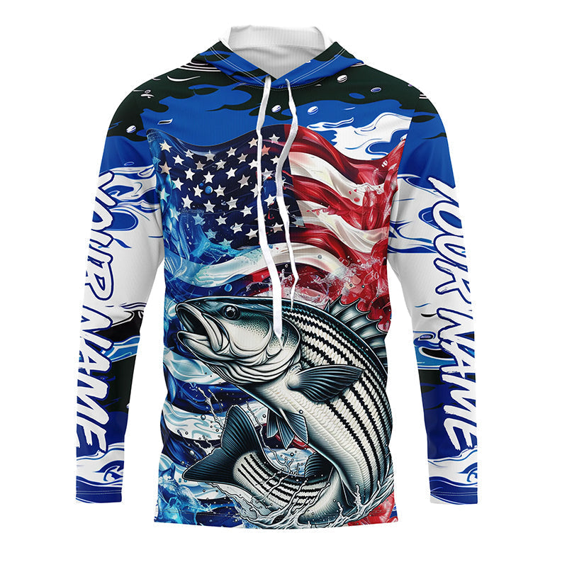Custom American Flag Striped Bass Long Sleeve Fishing, Blue Camo Striper Fishing