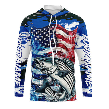 Custom American Flag Striped Bass Long Sleeve Fishing, Blue Camo Striper Fishing