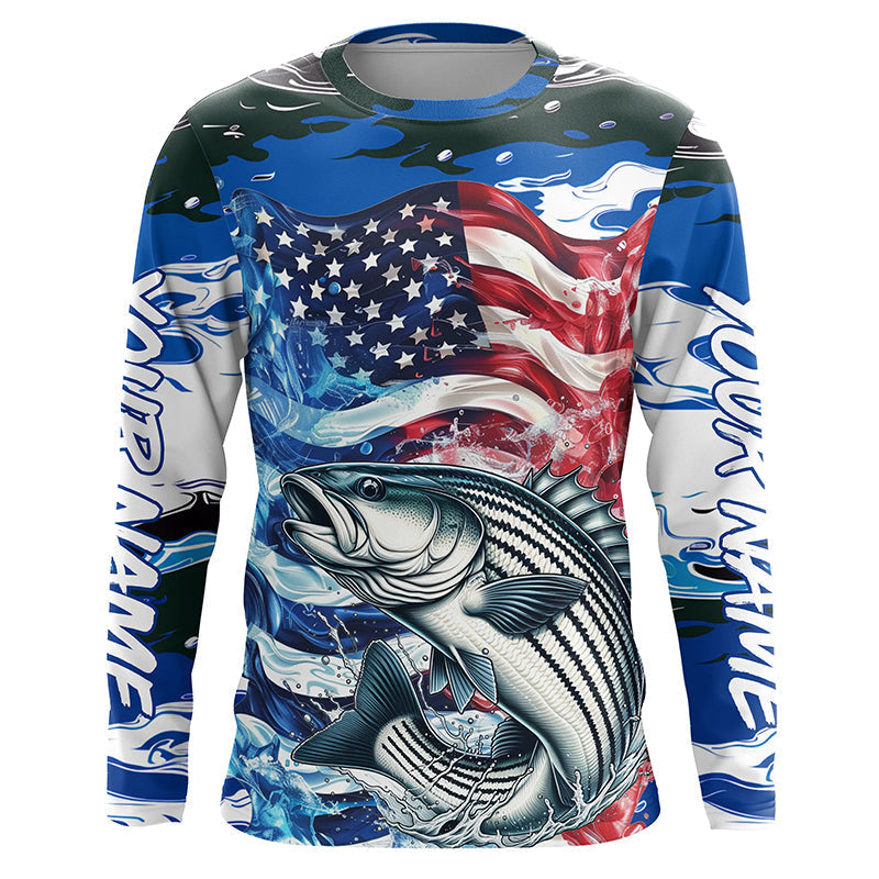 Custom American Flag Striped Bass Long Sleeve Fishing, Blue Camo Striper Fishing
