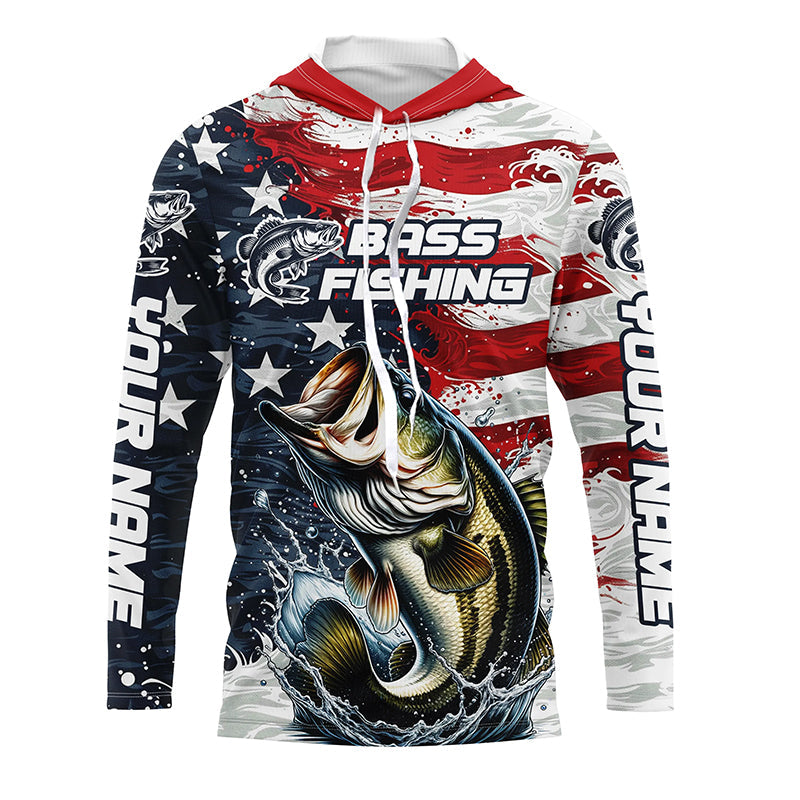 Personalized American Flag Bass Long Sleeve Fishing, Patriotic Bass Fishing