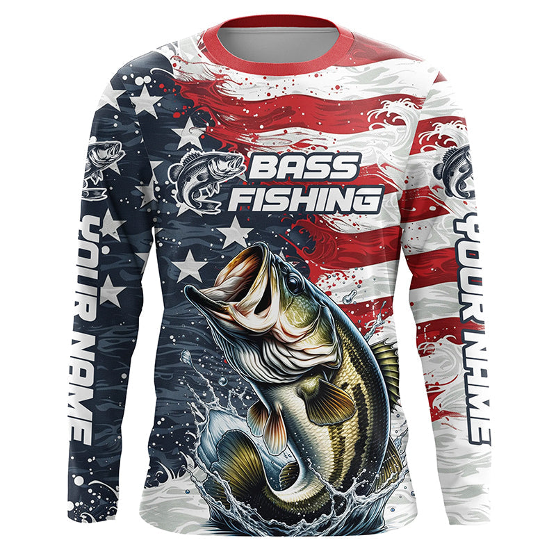 Personalized American Flag Bass Long Sleeve Fishing, Patriotic Bass Fishing