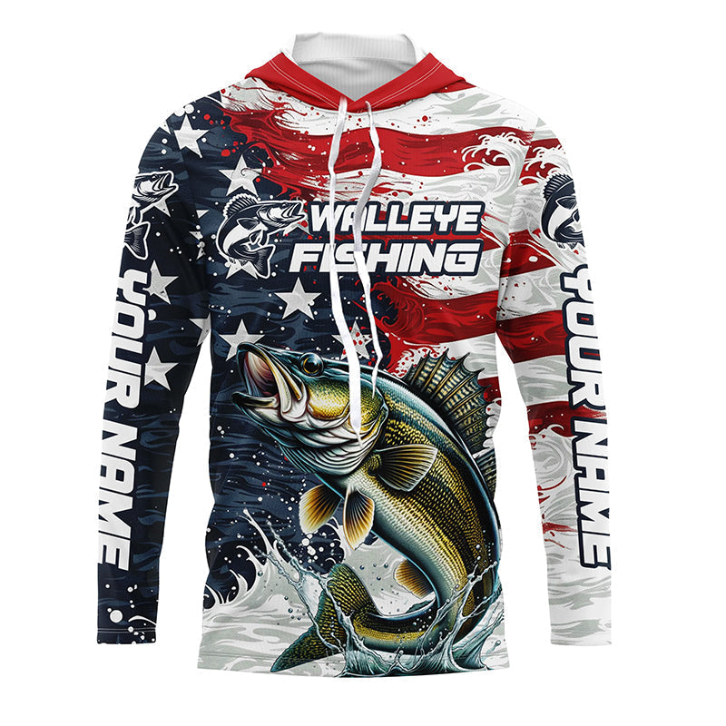 Personalized American Flag Walleye Long Sleeve Fishing, Patriotic Walleye Fishing