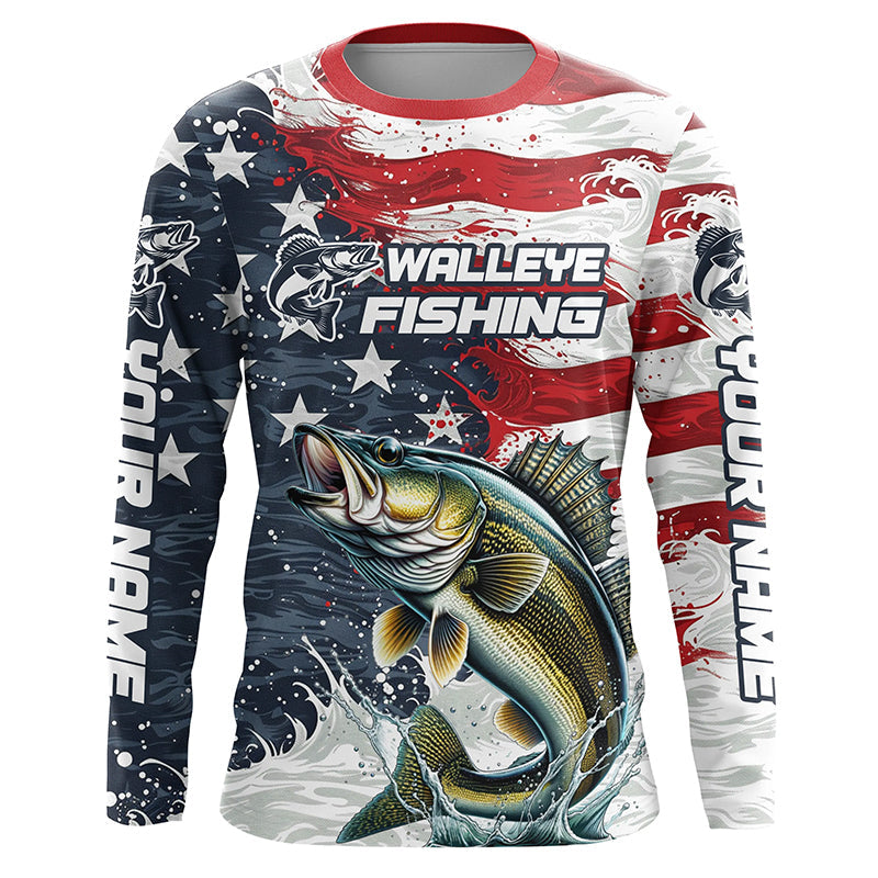 Personalized American Flag Walleye Long Sleeve Fishing, Patriotic Walleye Fishing