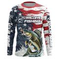 Personalized American Flag Walleye Long Sleeve Fishing, Patriotic Walleye Fishing