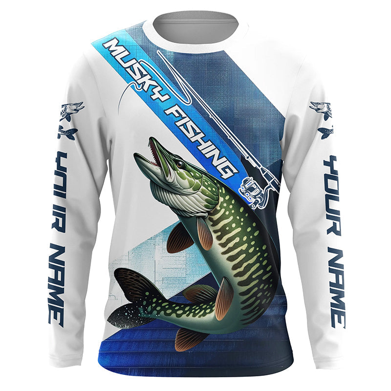 Musky Fishing Custom Long Sleeve Performance, Muskie Tournament Fishing | Blue
