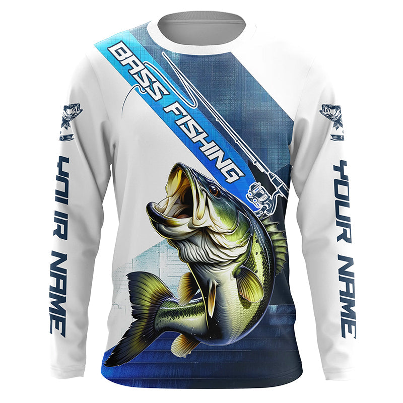 Largemouth Bass Fishing Custom Long Sleeve Performance, Bass Tournament Fishing | Blue