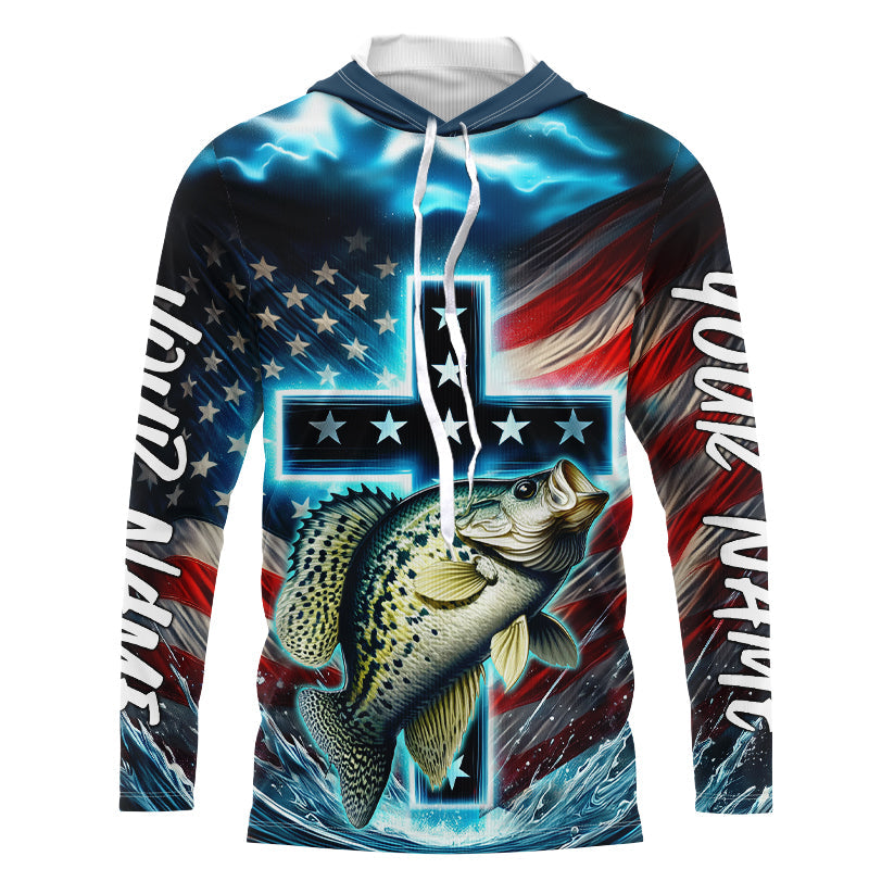 Custom Faith Crappie Patriotic Long Sleeve Hooded Tournament Fishing, Crappie Fishing