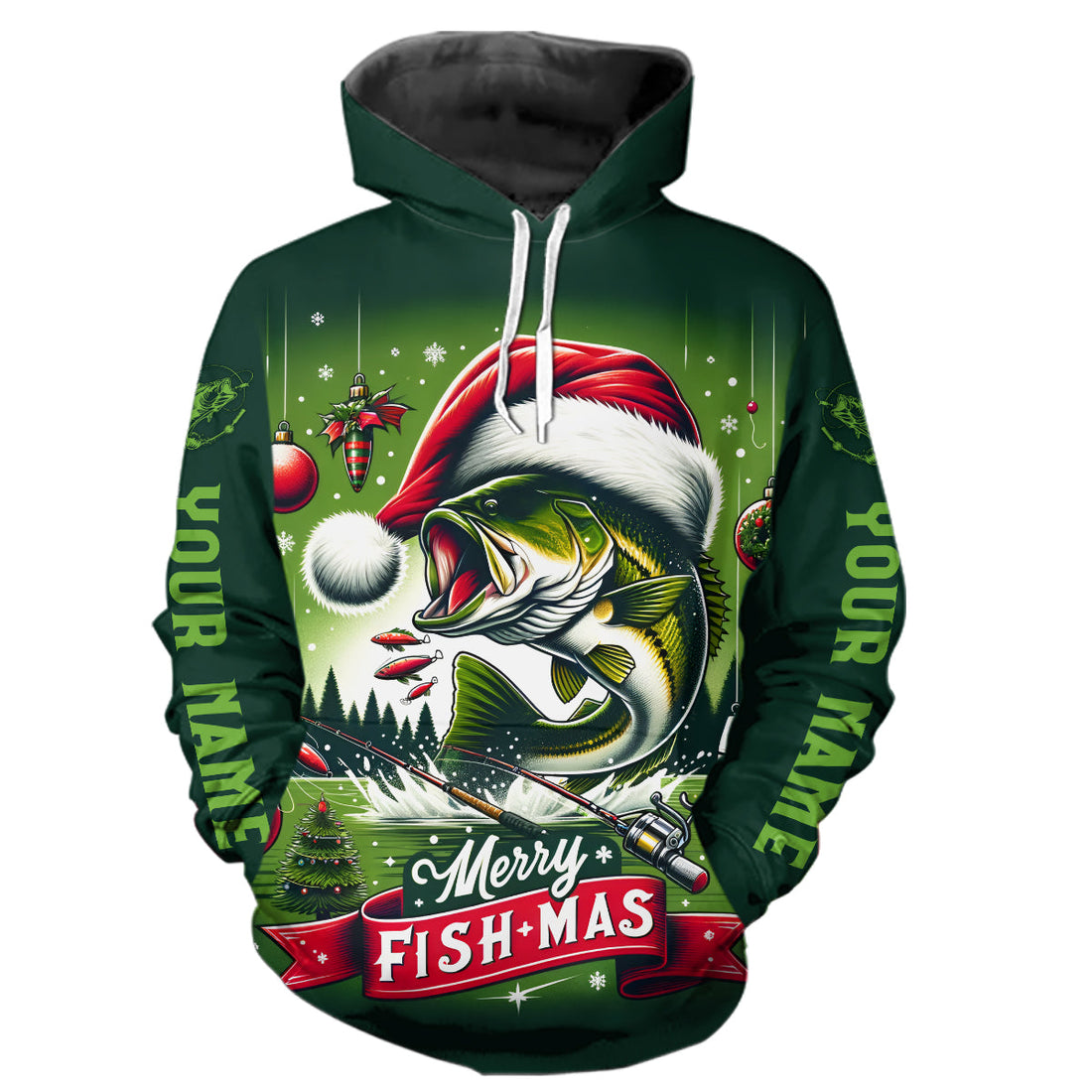 Merry Fishmas Largemouth Bass Custom Christmas Fishing, Personalized Xmas Fishing Gifts