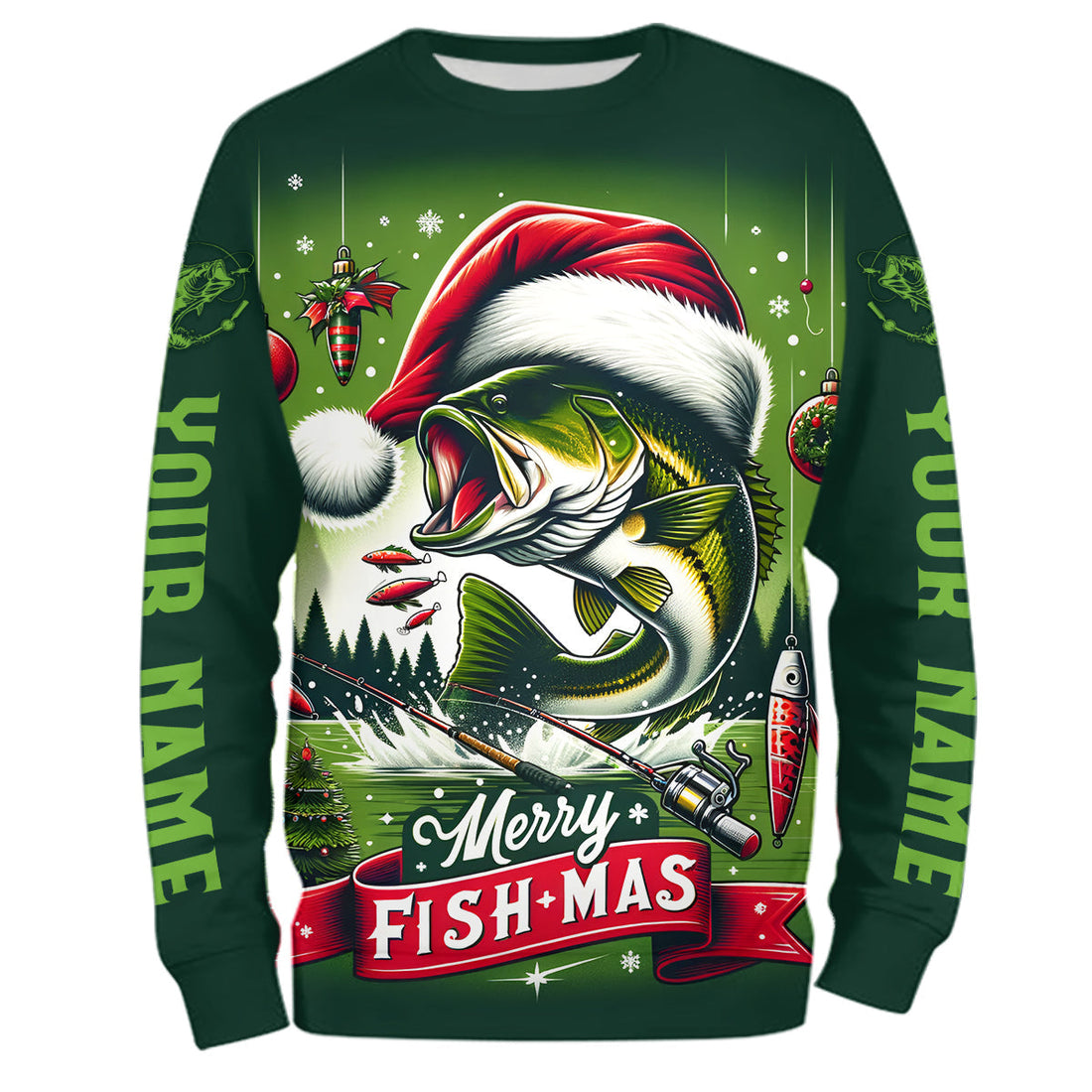 Merry Fishmas Largemouth Bass Custom Christmas Fishing, Personalized Xmas Fishing Gifts