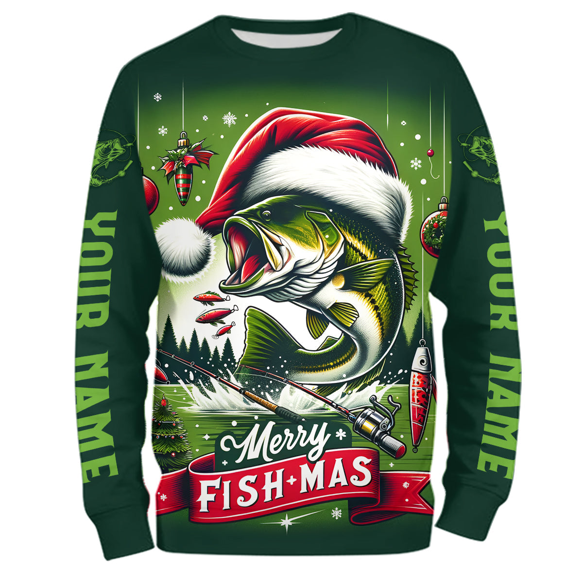Merry Fishmas Largemouth Bass Custom Christmas Fishing, Personalized Xmas Fishing Gifts