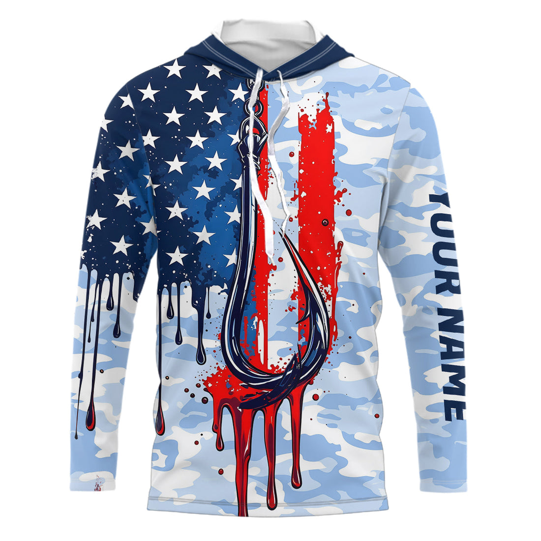 Blue Camo Dripping American Flag Us Fish Hook Custom Long Sleeve Patriotic Fishing