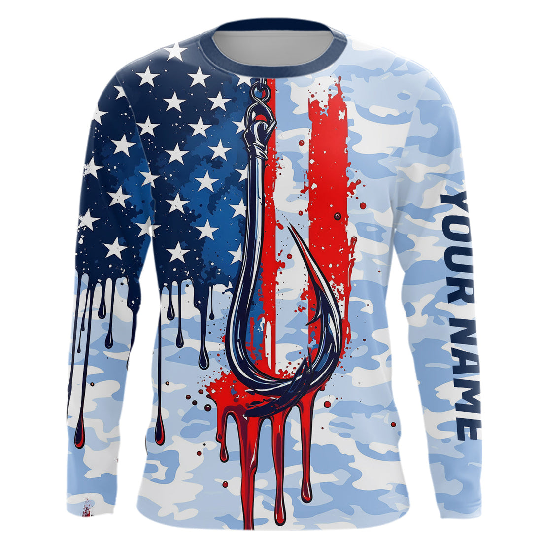 Blue Camo Dripping American Flag Us Fish Hook Custom Long Sleeve Patriotic Fishing