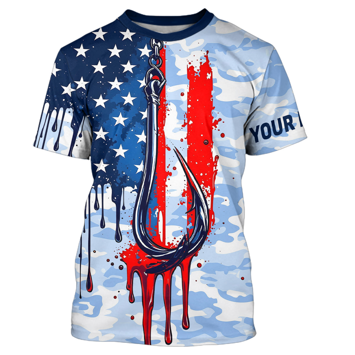 Blue Camo Dripping American Flag Us Fish Hook Custom Long Sleeve Patriotic Fishing