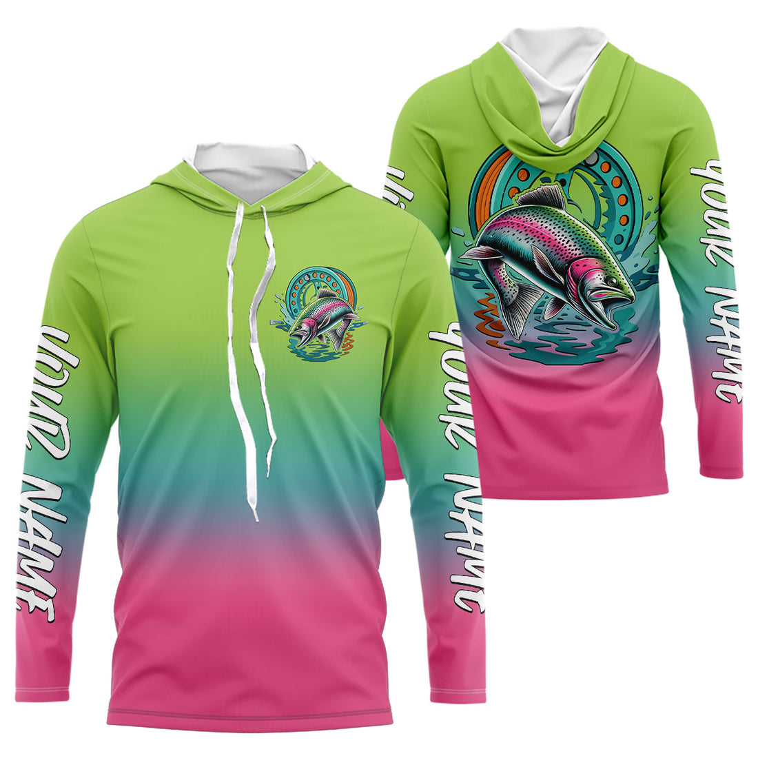 Custom Rainbow Trout Fly Fishing Long Sleeve Hooded, Fly Reel Tournament