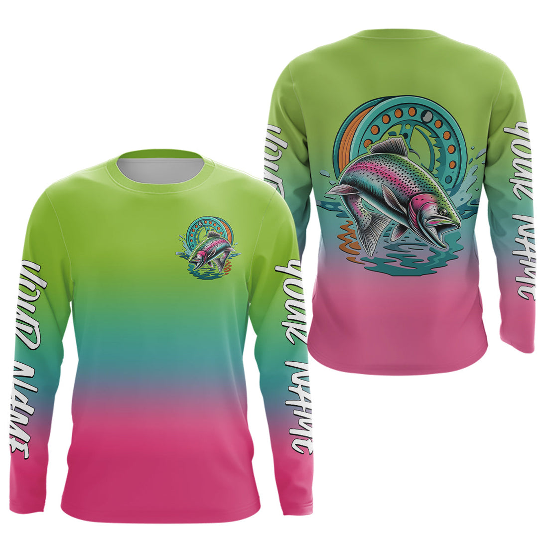 Custom Rainbow Trout Fly Fishing Long Sleeve Hooded, Fly Reel Tournament