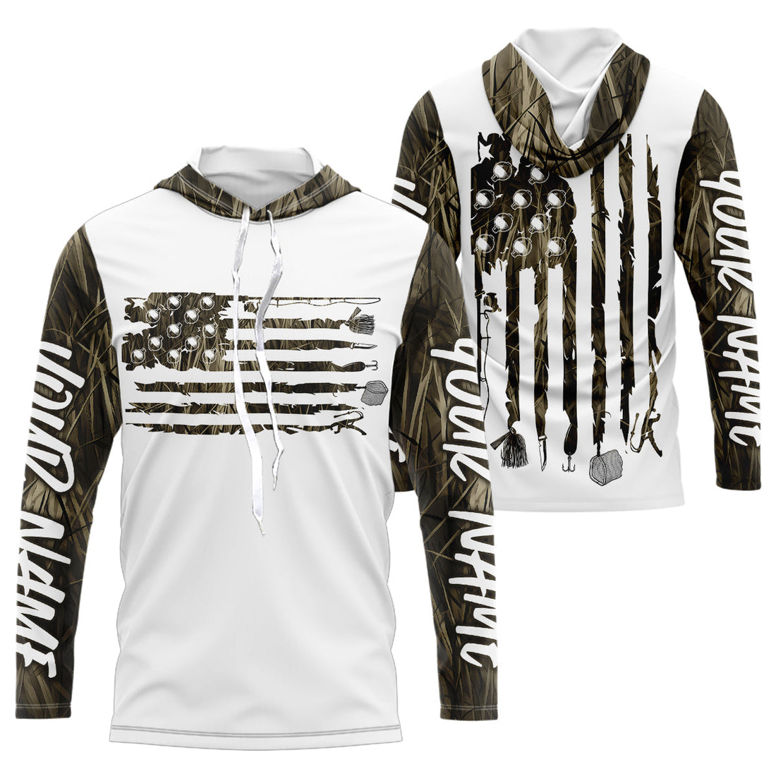 Custom Patriotic Camo Long Sleeve Hooded Fishing, American Flag Fishing Tools