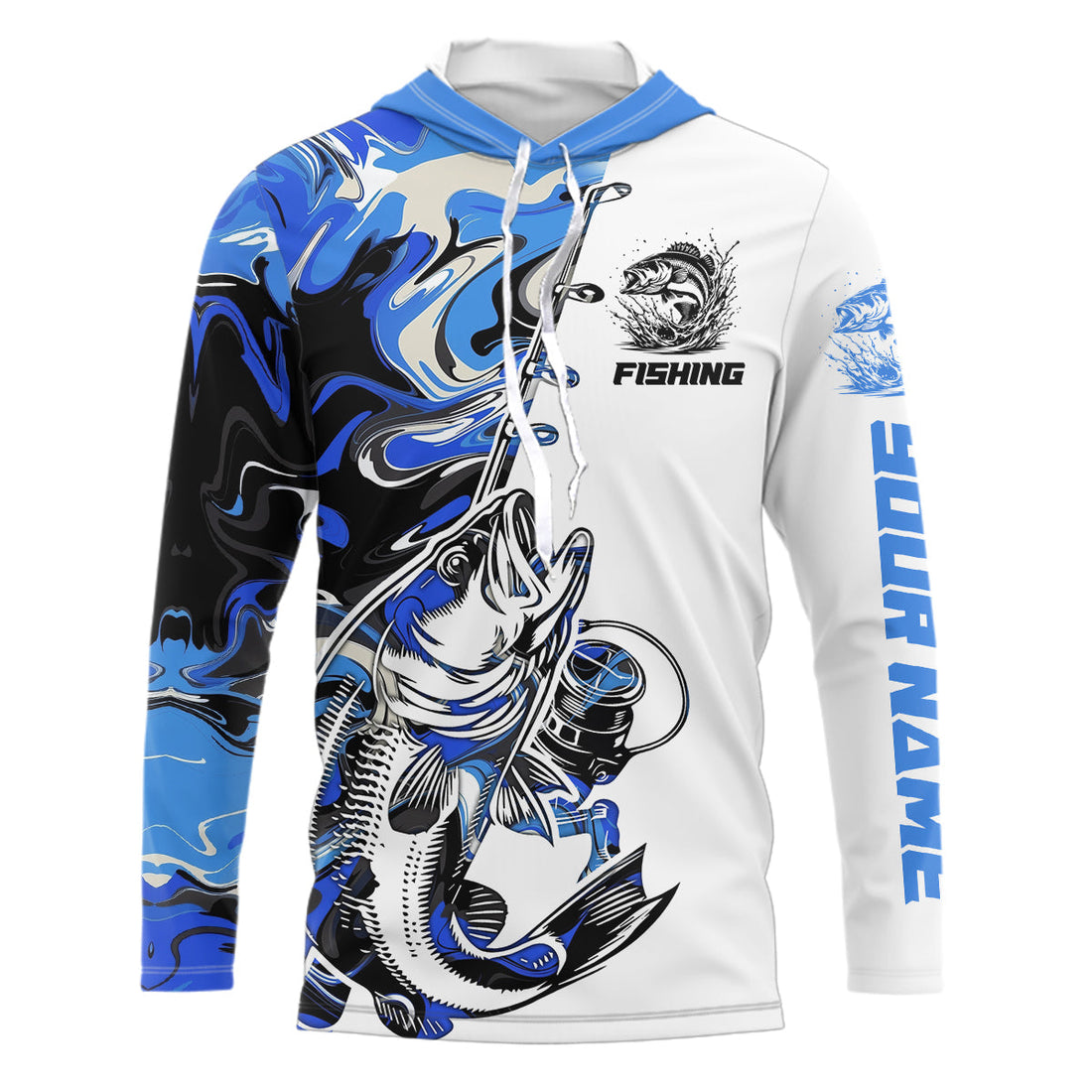 Personalized Largemouth Bass Fishing Blue Camo Long Sleeve Hooded Fishing