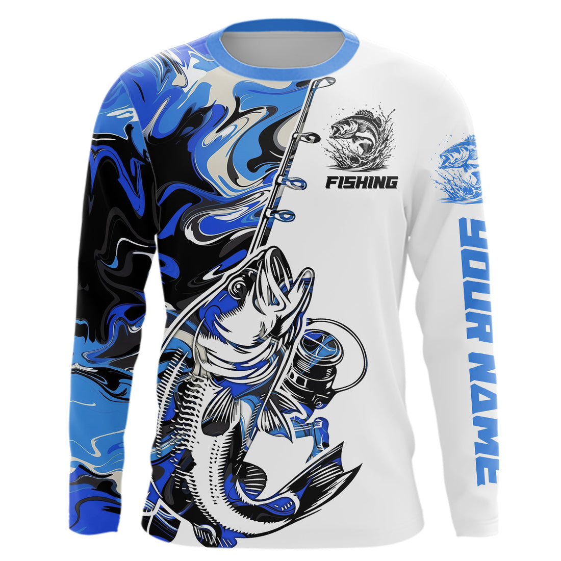 Personalized Largemouth Bass Fishing Blue Camo Long Sleeve Hooded Fishing