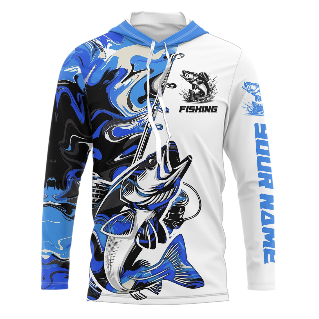 Personalized Walleye Fishing Blue Camo Long Sleeve Hooded Fishing
