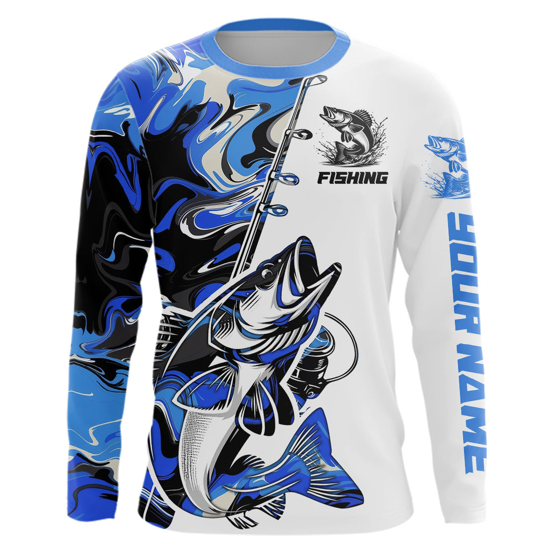 Personalized Walleye Fishing Blue Camo Long Sleeve Hooded Fishing