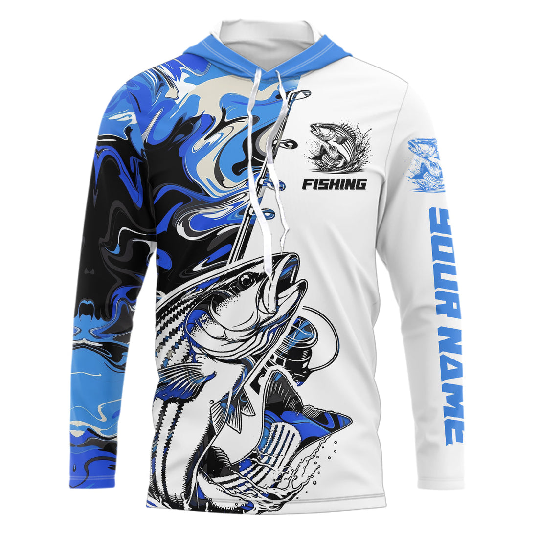 Personalized Striped Bass Fishing Blue Camo Long Sleeve Hooded Fishing