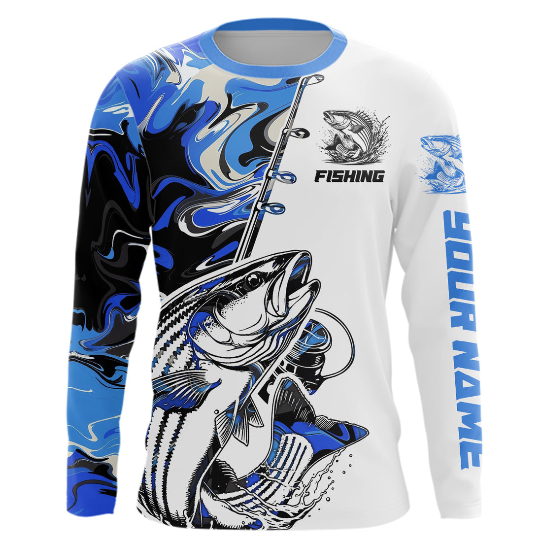 Personalized Striped Bass Fishing Blue Camo Long Sleeve Hooded Fishing