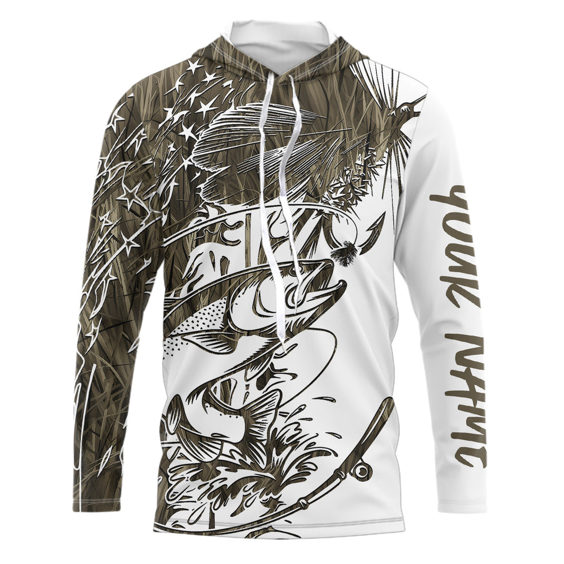 Custom Patriotic Trout Brown Camo Fly Fishing Long Sleeve Hooded, US Flyfishing