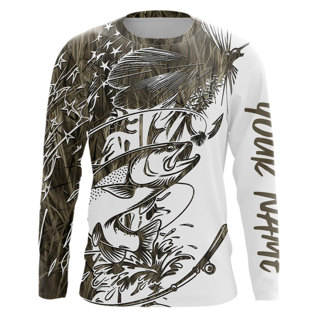 Custom Patriotic Trout Brown Camo Fly Fishing Long Sleeve Hooded, US Flyfishing