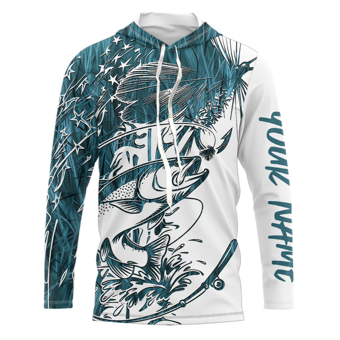 Custom Patriotic Trout Blue Camo Fly Fishing Long Sleeve Hooded, US Flyfishing