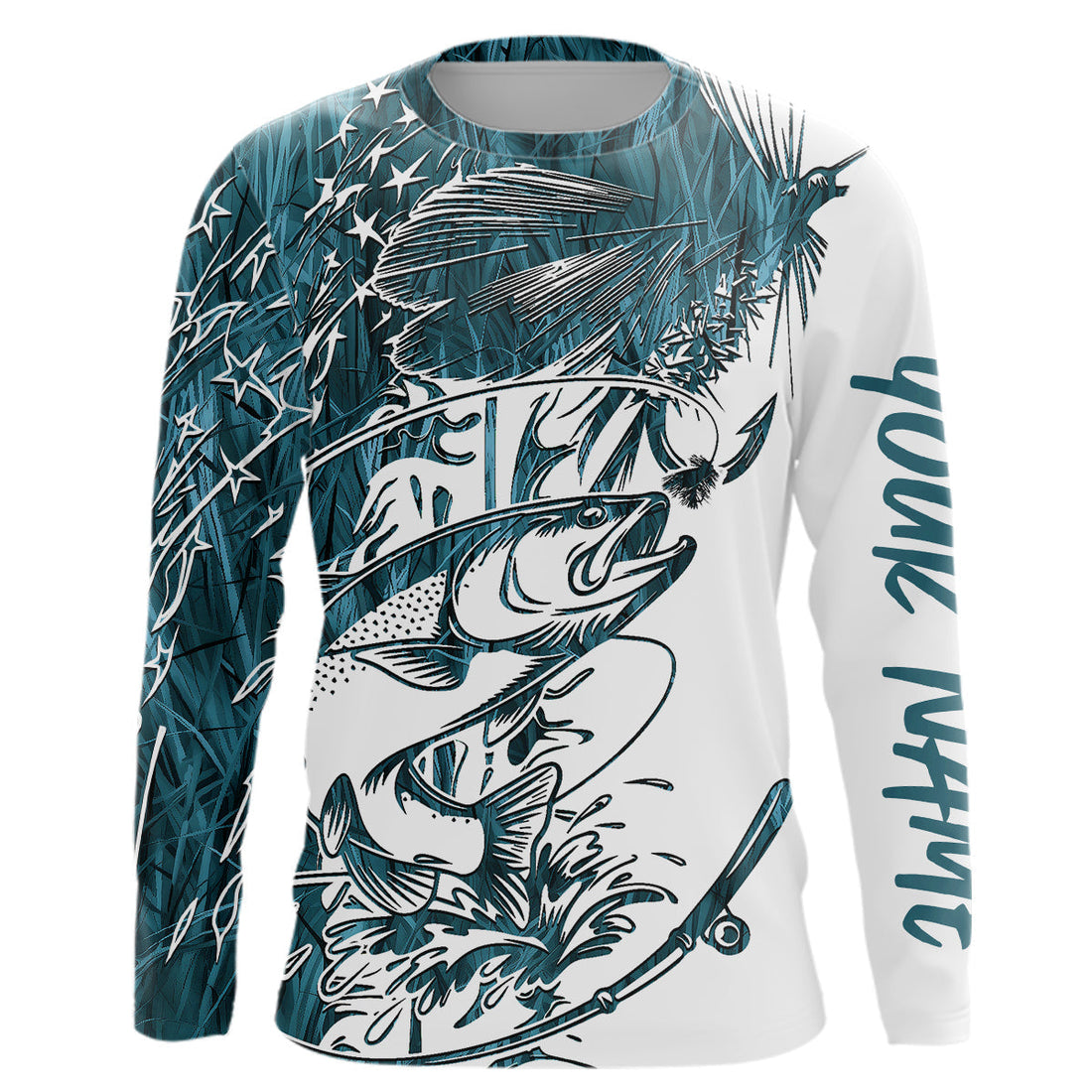 Custom Patriotic Trout Blue Camo Fly Fishing Long Sleeve Hooded, US Flyfishing