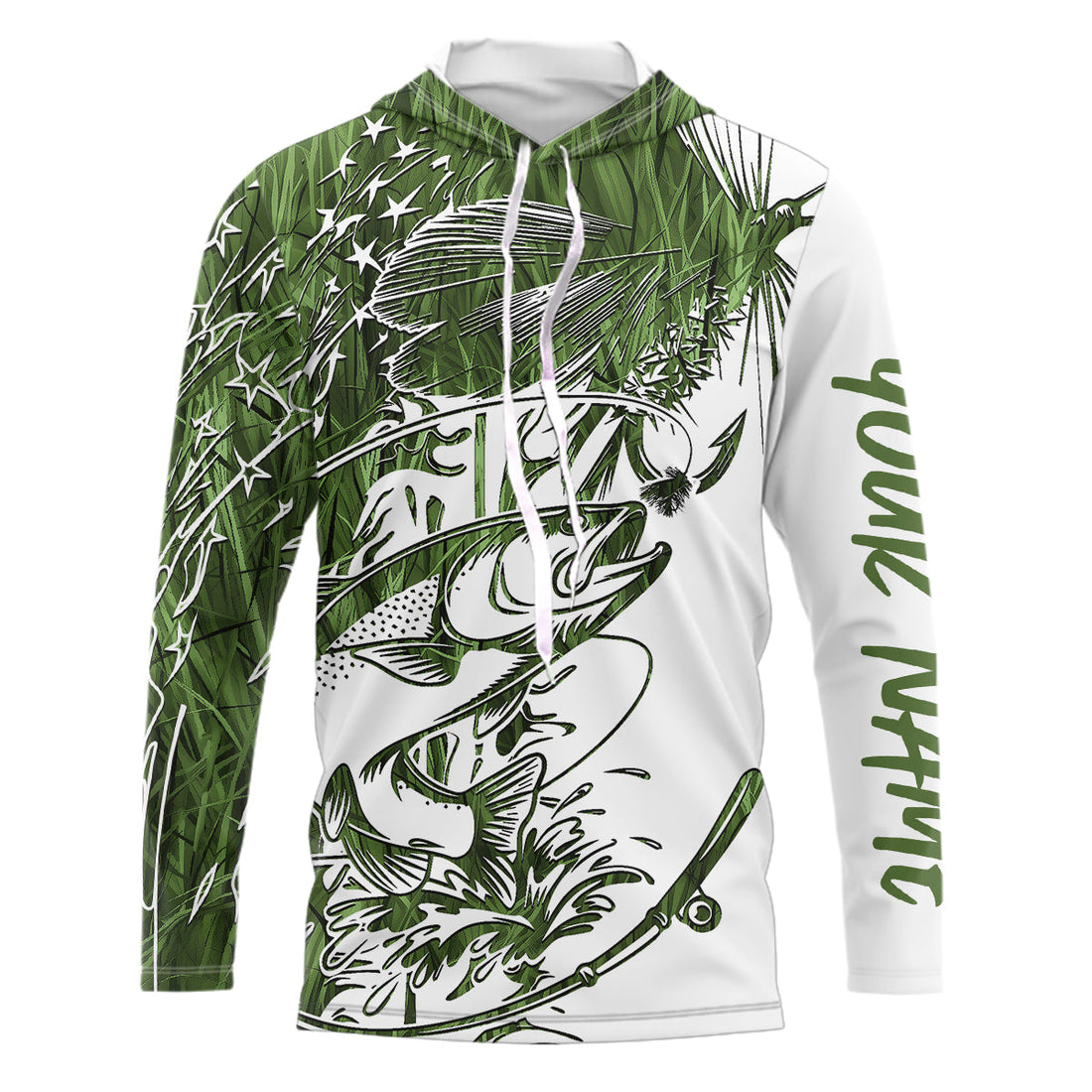 Custom Patriotic Trout Green Camo Fly Fishing Long Sleeve Hooded, US Flyfishing