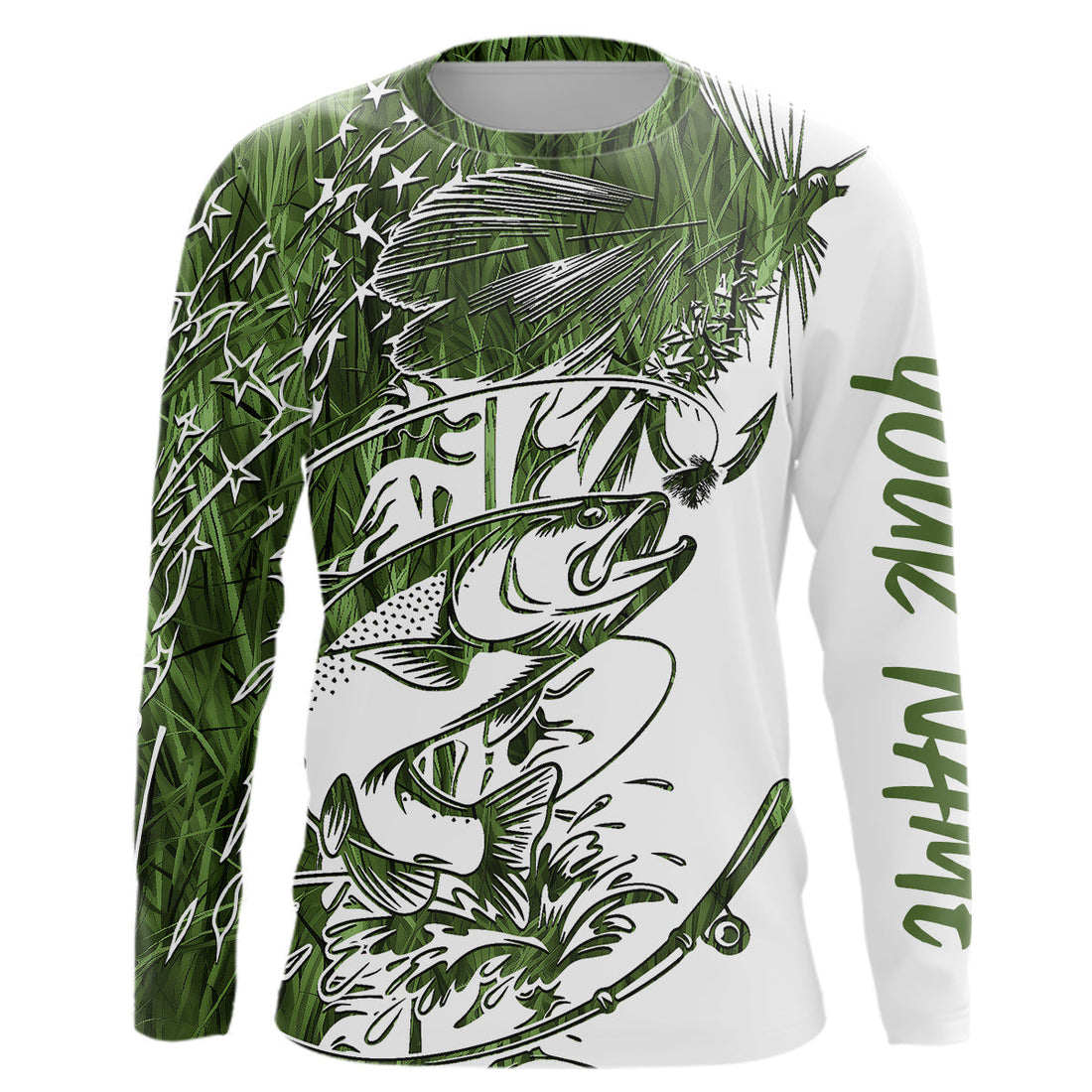 Custom Patriotic Trout Green Camo Fly Fishing Long Sleeve Hooded, US Flyfishing