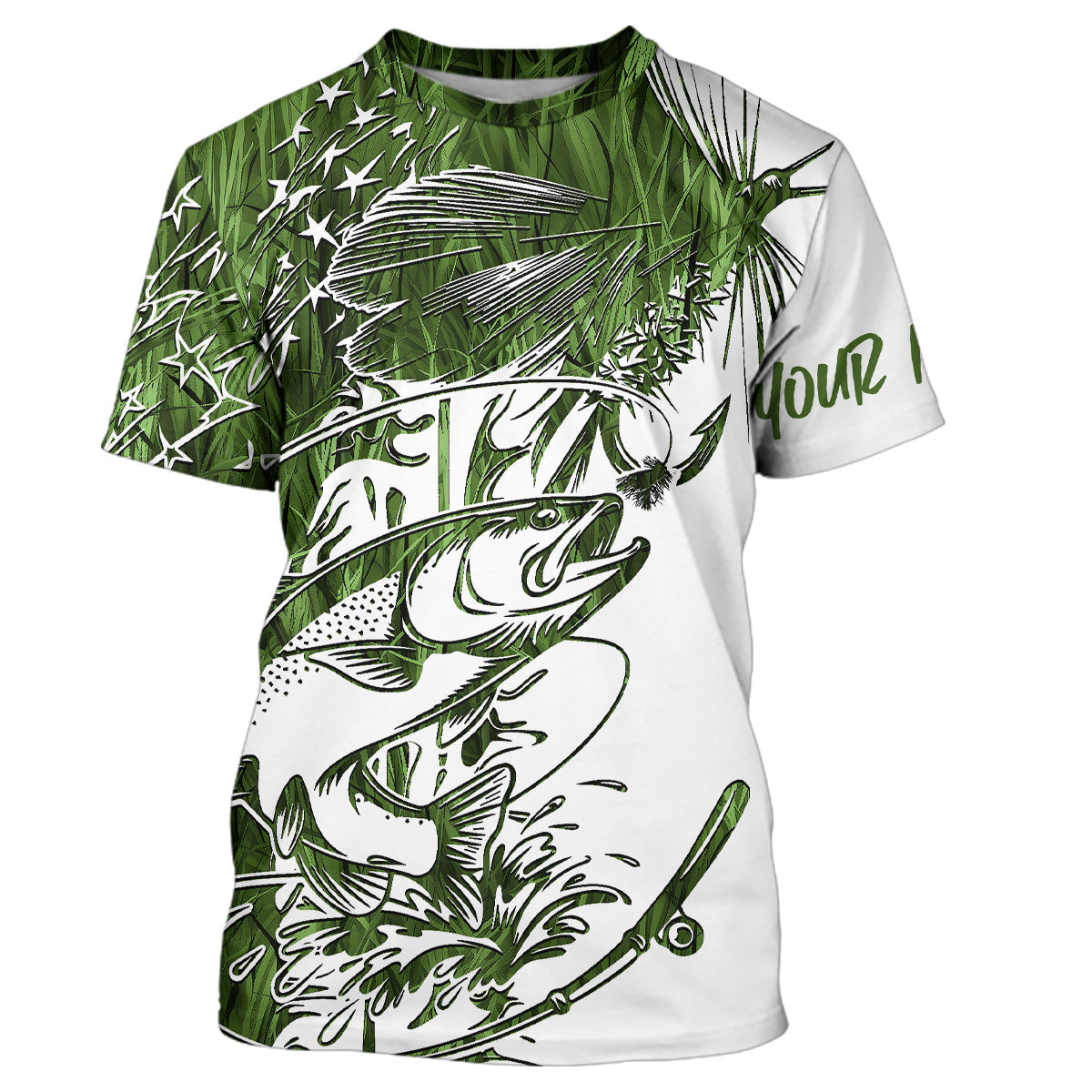 Custom Patriotic Trout Green Camo Fly Fishing Long Sleeve Hooded, US Flyfishing