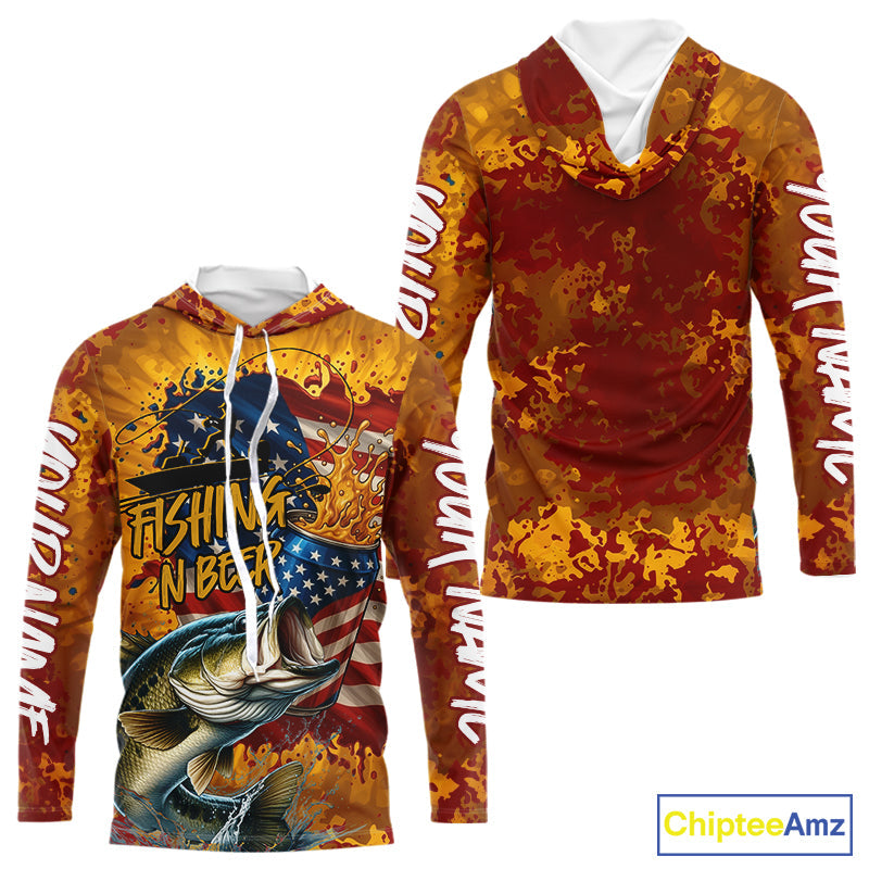 Custom US Flag Patriotic Largemouth Bass Fishing N Beer Long Sleeve Hooded Camo Fishing