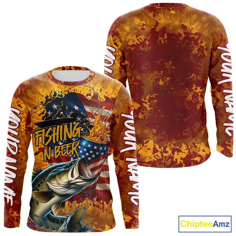 Custom US Flag Patriotic Largemouth Bass Fishing N Beer Long Sleeve Hooded Camo Fishing