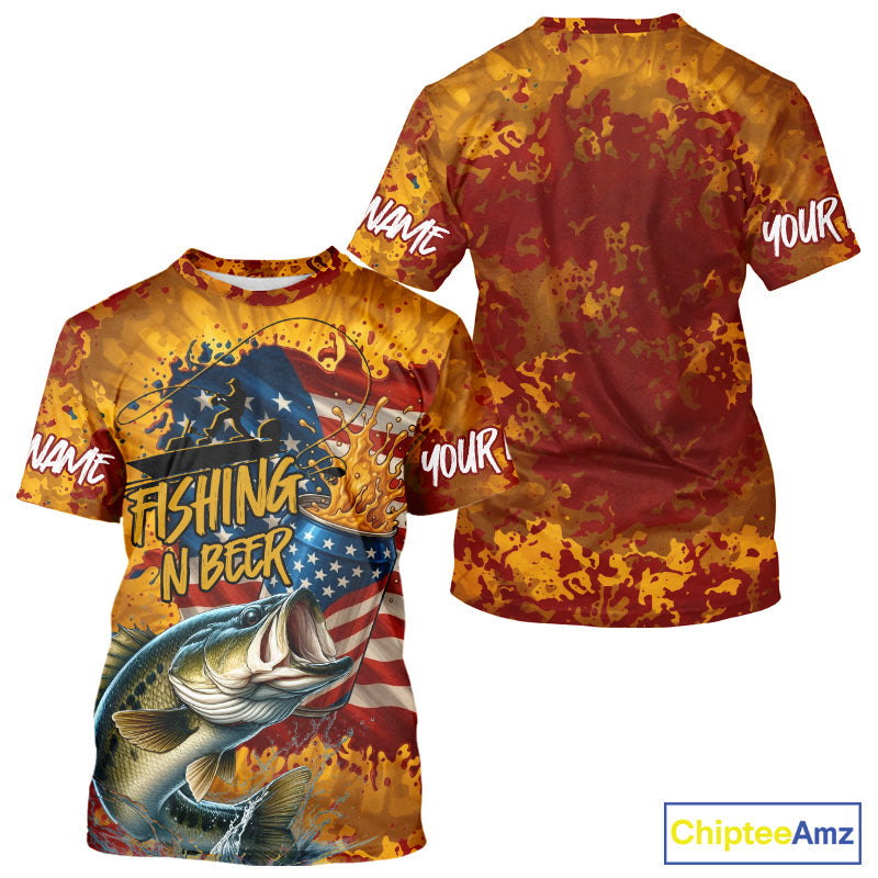 Custom US Flag Patriotic Largemouth Bass Fishing N Beer Long Sleeve Hooded Camo Fishing