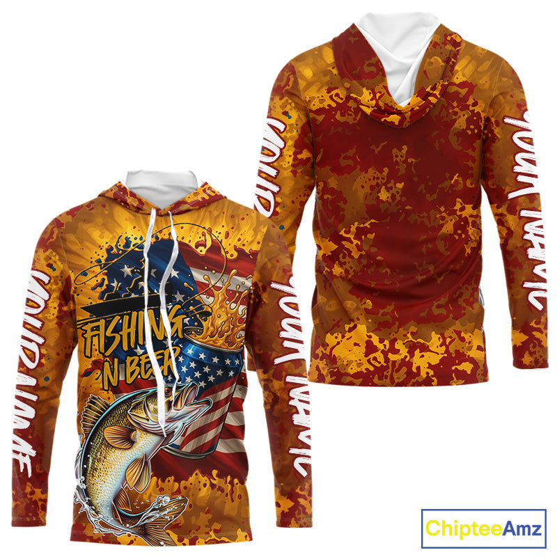 Custom US Flag Patriotic Walleye Fishing N Beer Long Sleeve Hooded Camo Fishing