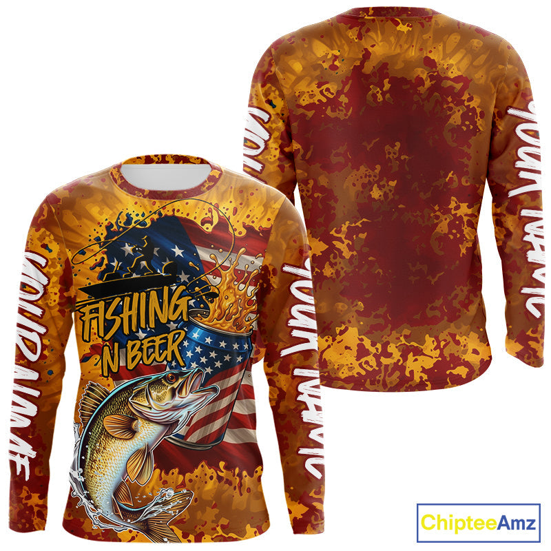 Custom US Flag Patriotic Walleye Fishing N Beer Long Sleeve Hooded Camo Fishing