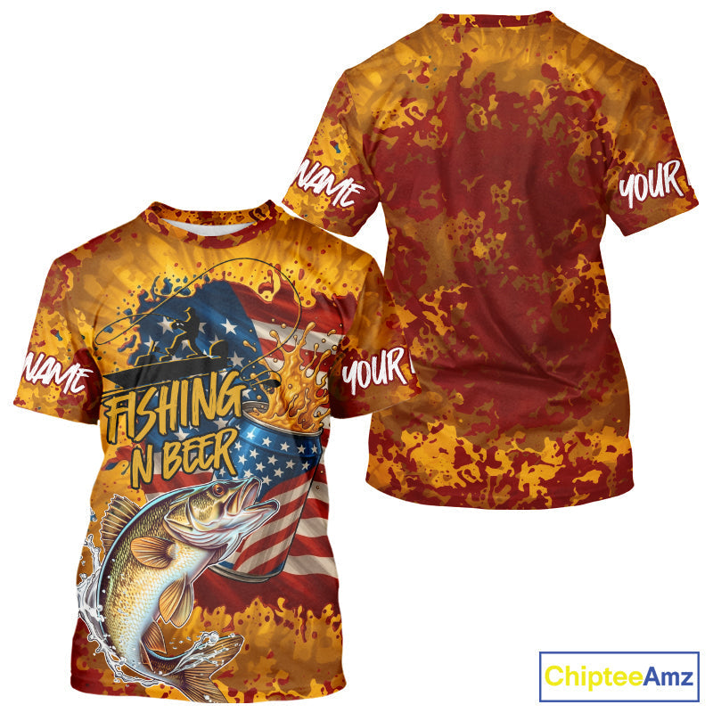 Custom US Flag Patriotic Walleye Fishing N Beer Long Sleeve Hooded Camo Fishing