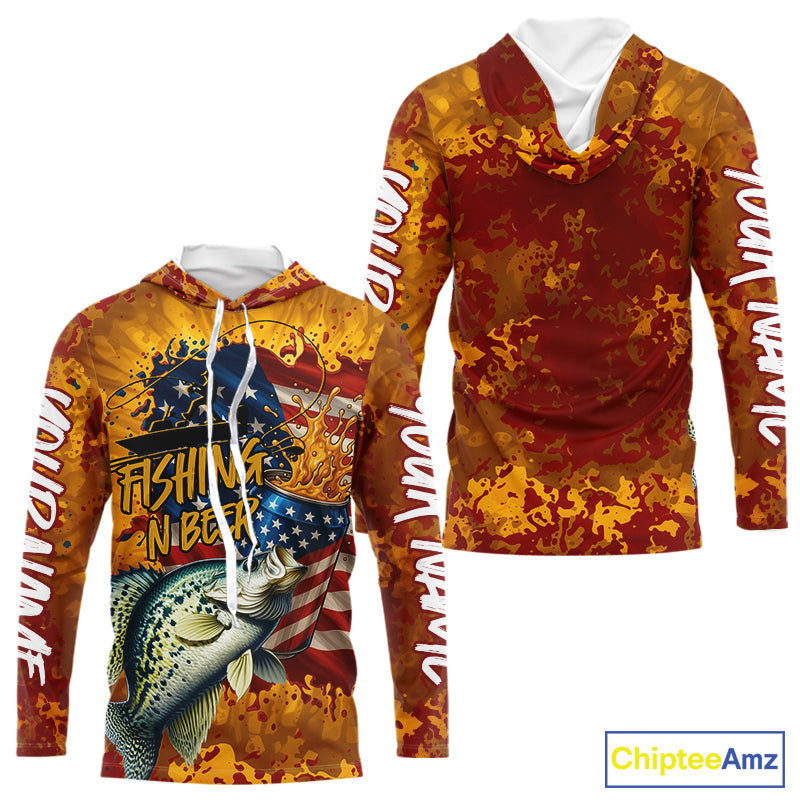 Custom US Flag Patriotic Crappie Fishing N Beer Long Sleeve Hooded Camo Fishing