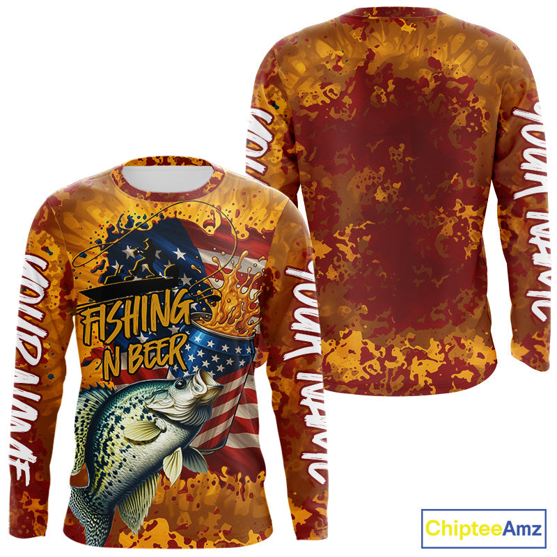 Custom US Flag Patriotic Crappie Fishing N Beer Long Sleeve Hooded Camo Fishing