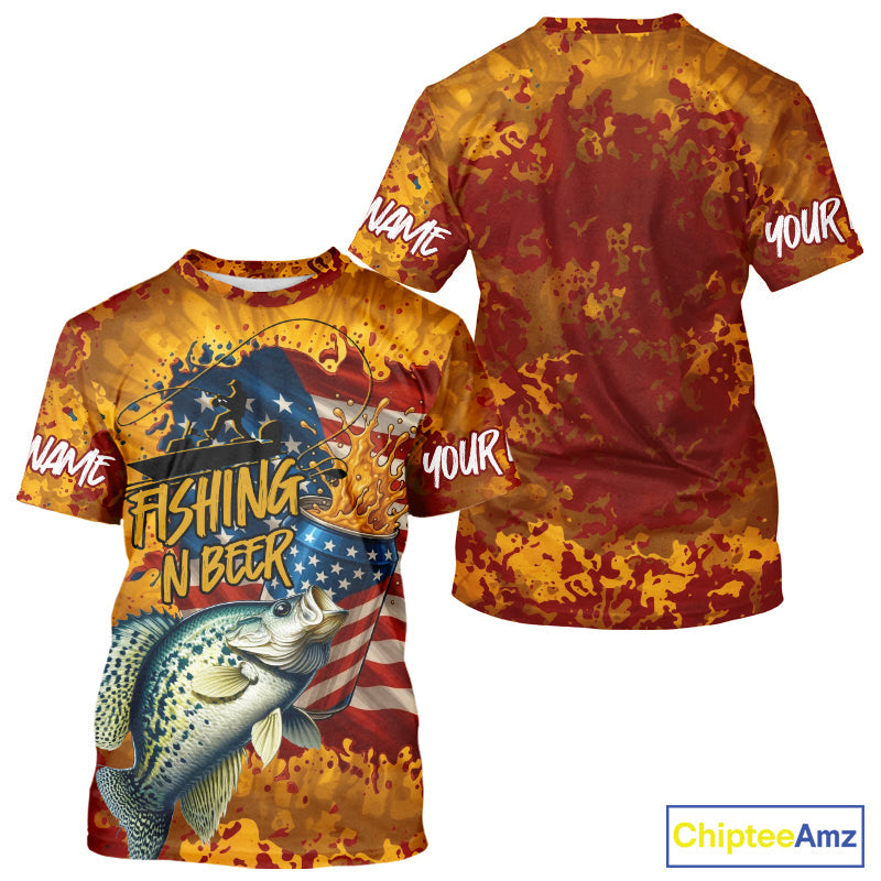 Custom US Flag Patriotic Crappie Fishing N Beer Long Sleeve Hooded Camo Fishing