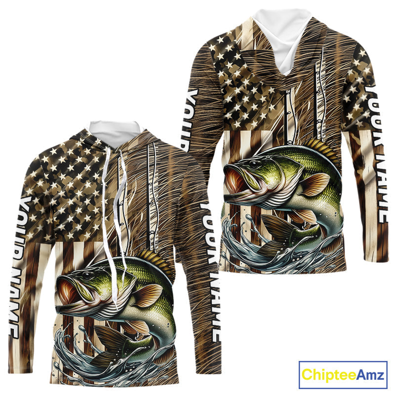 Custom Patriotic Camouflage American Flag Fishing Rod Largemouth Bass Fishing T-Shirts