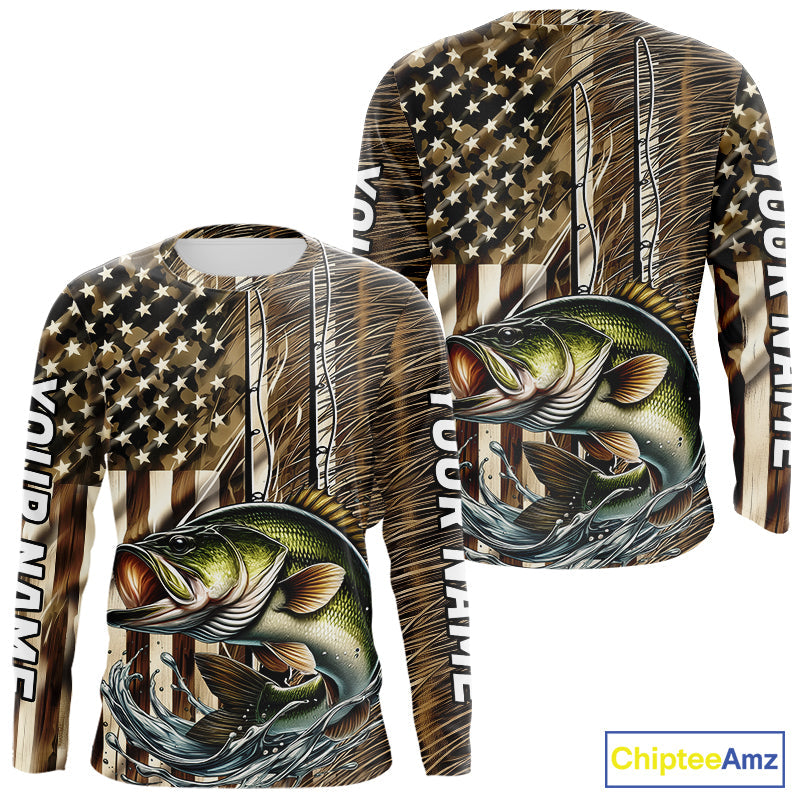 Custom Patriotic Camouflage American Flag Fishing Rod Largemouth Bass Fishing T-Shirts
