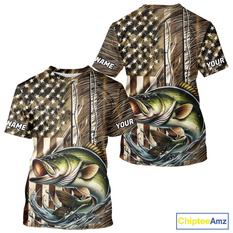 Custom Patriotic Camouflage American Flag Fishing Rod Largemouth Bass Fishing T-Shirts