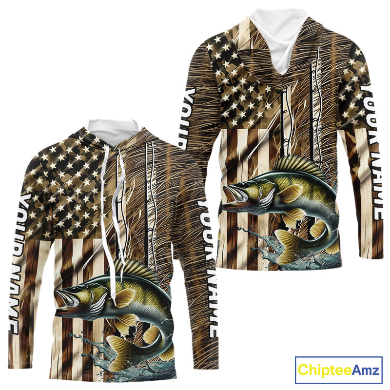 Custom Patriotic Camouflage American Flag Fishing Rod Walleye Fishing T-Shirts
