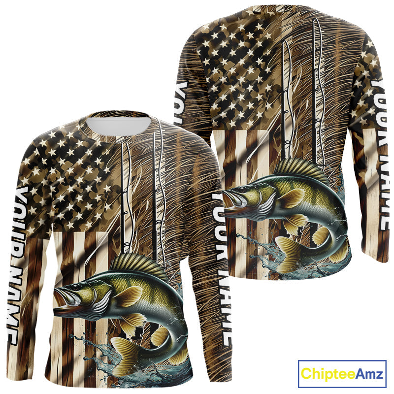 Custom Patriotic Camouflage American Flag Fishing Rod Walleye Fishing T-Shirts
