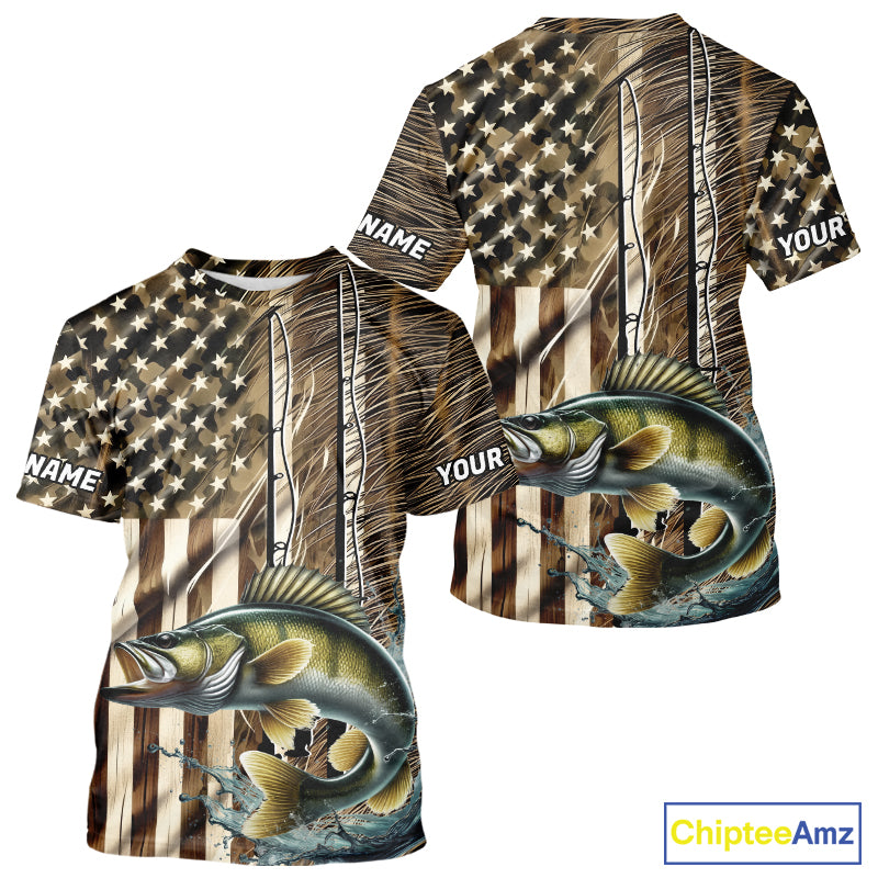 Custom Patriotic Camouflage American Flag Fishing Rod Walleye Fishing T-Shirts